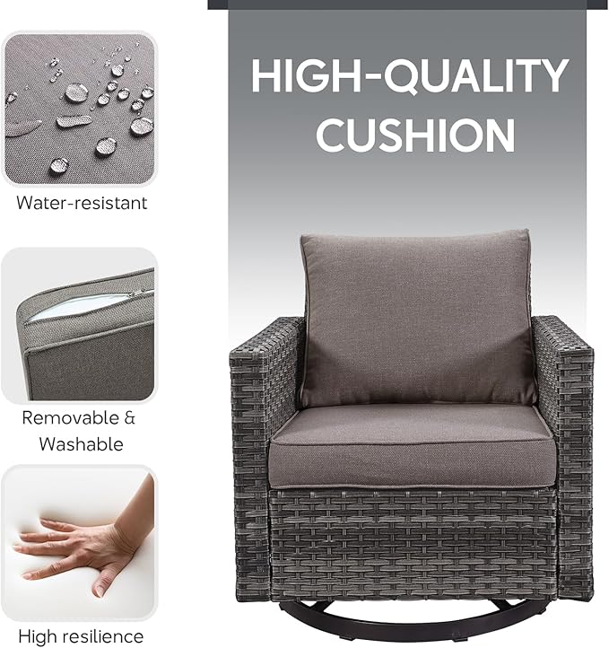Outdoor Swivel Rocker Chairs Set of 4 with Fire Pit Table - 5 Peice Wicker Patio Furniture Set Conversation Set with 50,000 BTU Fire Pit for Deck Backyard - Grey Wicker Grey Cushion