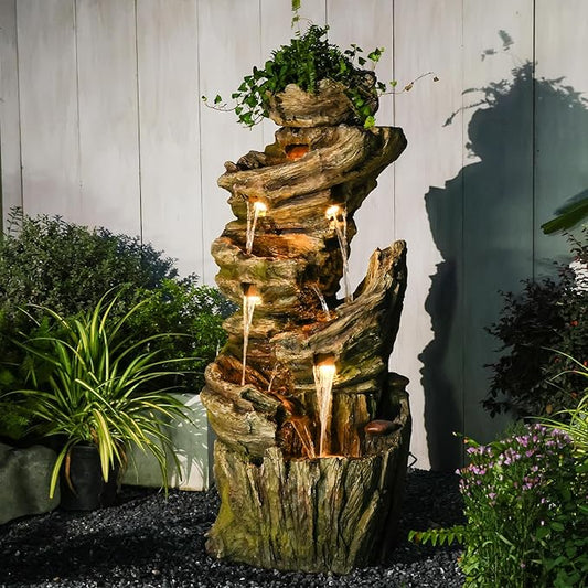 55" H Outdoor Water Fountain 7-Tiers Large Cascading Imitative Wood Natural Waterfall Outdoor Fountains Resin Floor Standing Foutain with LED Lights for Garden, Patio, Porch