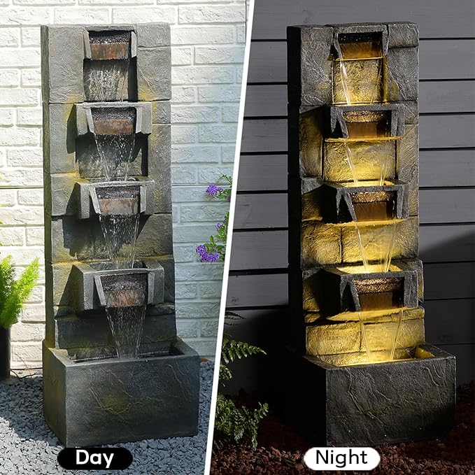 Outdoor Waterfall Fountain with LED Lights, 41” Tall Stone-Look Cascading Water Feature for Home Décor, Realistic Flowing Water Sound for Relaxation, Freestanding Indoor/Outdoor Fountain