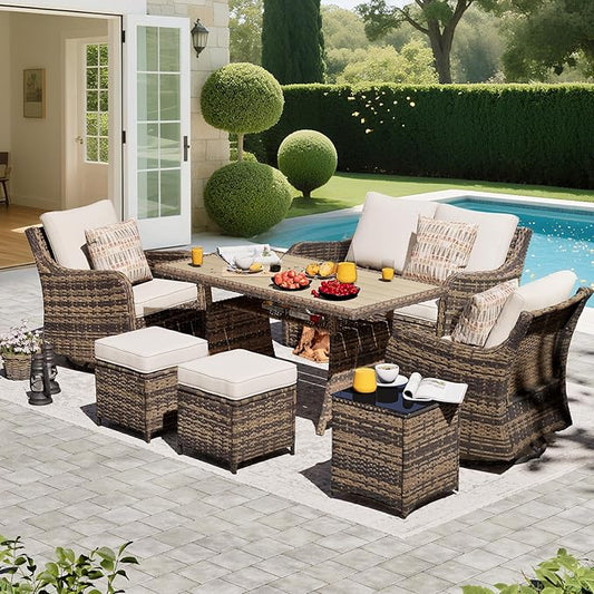 MEISSALIVVE 7 Pieces Outdoor Patio Furniture Set with Swivel Chairs, Wicker Patio Conversation Set, Patio Sectional Furniture Set with with Loveseat, 2 Ottomans and Dining Table (Brown)