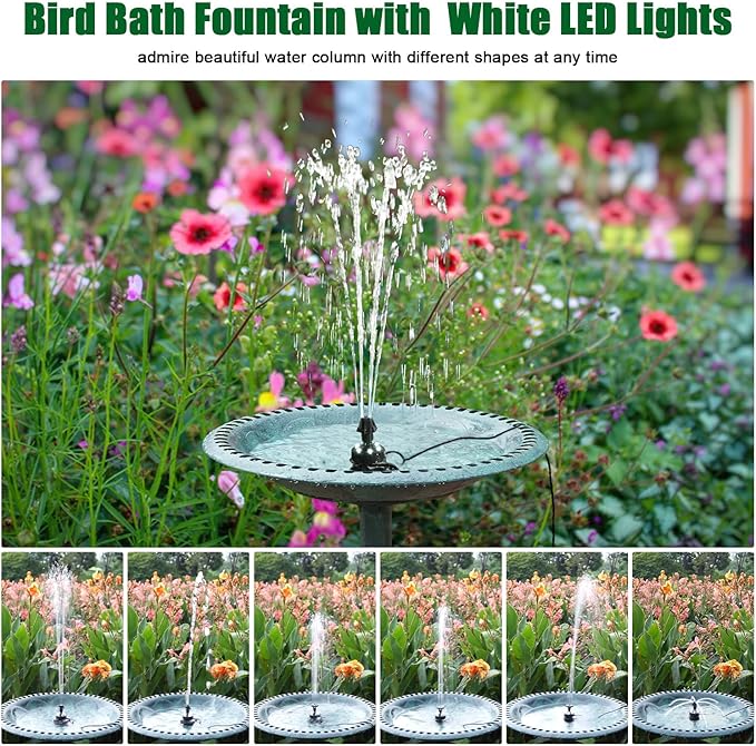 SZMP Bird Bath Fountains, Upgraded 24-Hours Working Bird Bath Fountain Pump with Light & 7 Nozzle, 16.4Ft Power Cord & Adapter, Adjustable Water Pump for Garden, Pond, Fish Tank, Outdoor (White)