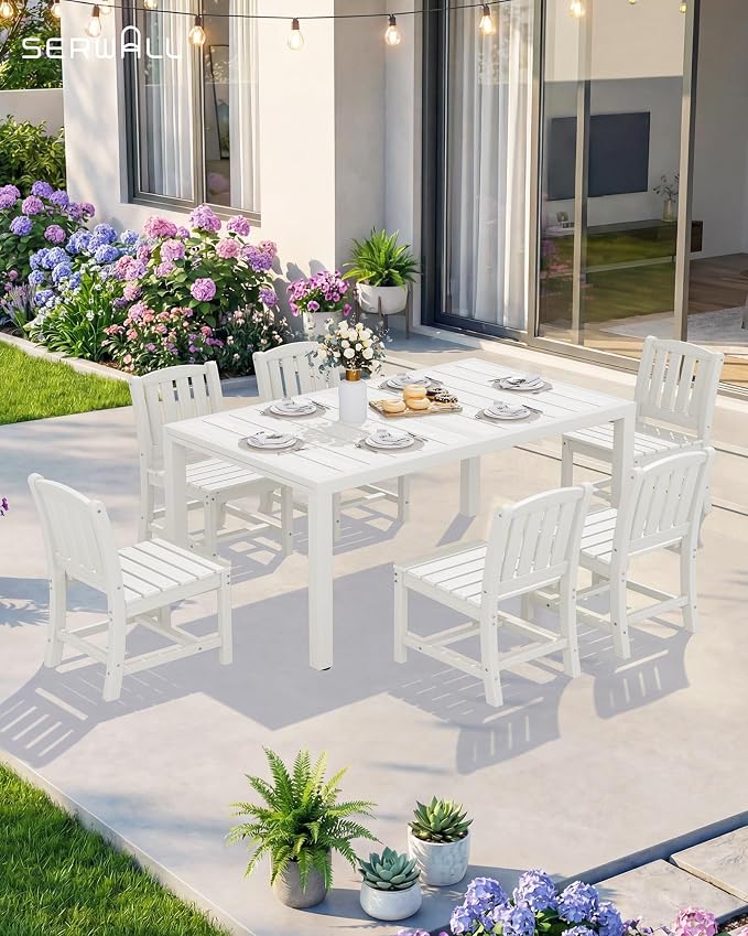 SERWALL 9-Piece Outdoor Dining Set, 60" - 83" Expandable Outdoor Dining Table and 8 HDPE Chairs, All Weather HDPE Outdoor Furniture Set for Backyard, Garden, White - Image 7