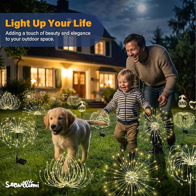 Solar Garden Lights Outdoor Decorative, 2pack 120 LED Firework Lights Waterproof???Solar Fairy Lights for Outside,Garden,Yard, Patio,Pathway,Flowerbed,Party(Warm White)