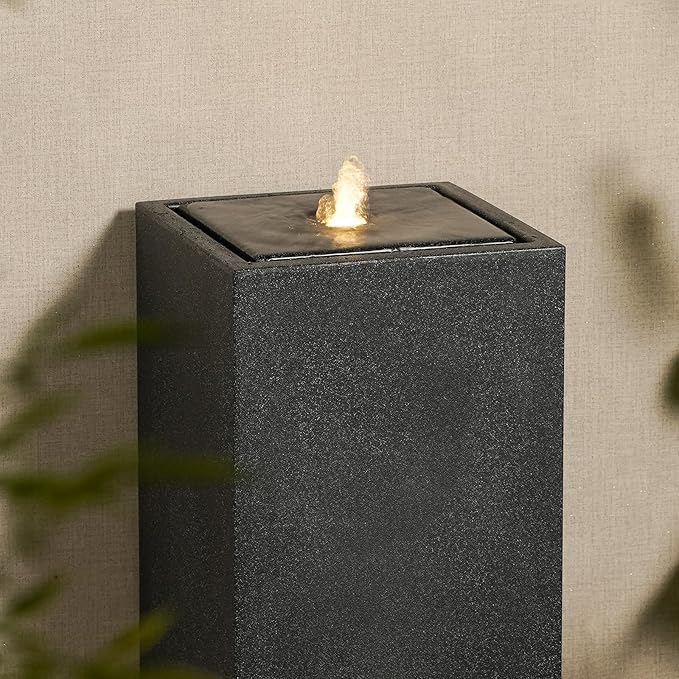 13.26” H Outdoor Water Fountain Made with Eco-Friendly Recyclable Materials, Polyethylene Square Bubbler Outdoor Fountain, Garden Decor with LED Light for Patio, Porch, Backyard (25.98”)