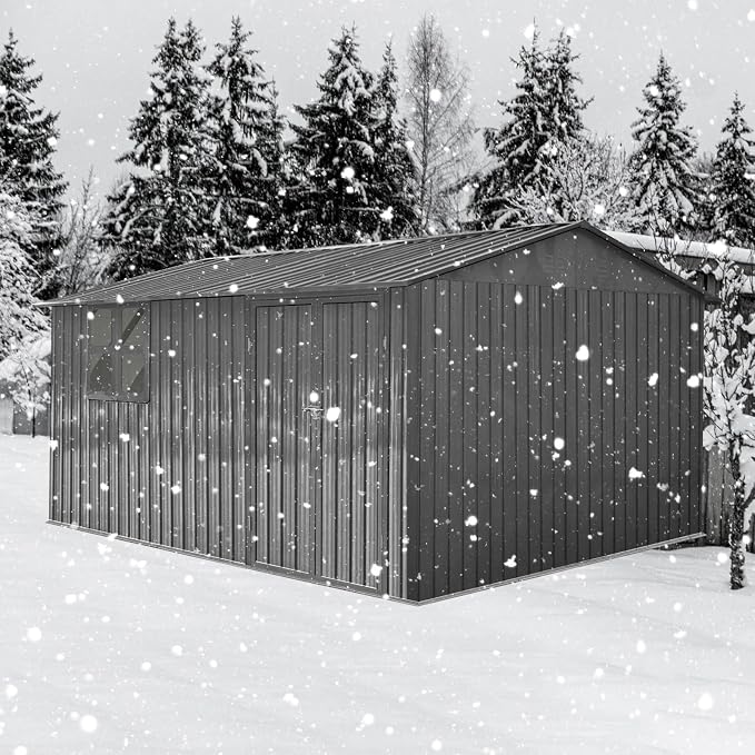 10x12 FT Outdoor Storage Shed, Large Metal Garden Shed with Window & Hinged Door, Upgraded Outside Tool Shed with Foldable Worktable & 2 Shelves, Waterproof Storage Building for Backyard, Gray - Image 5