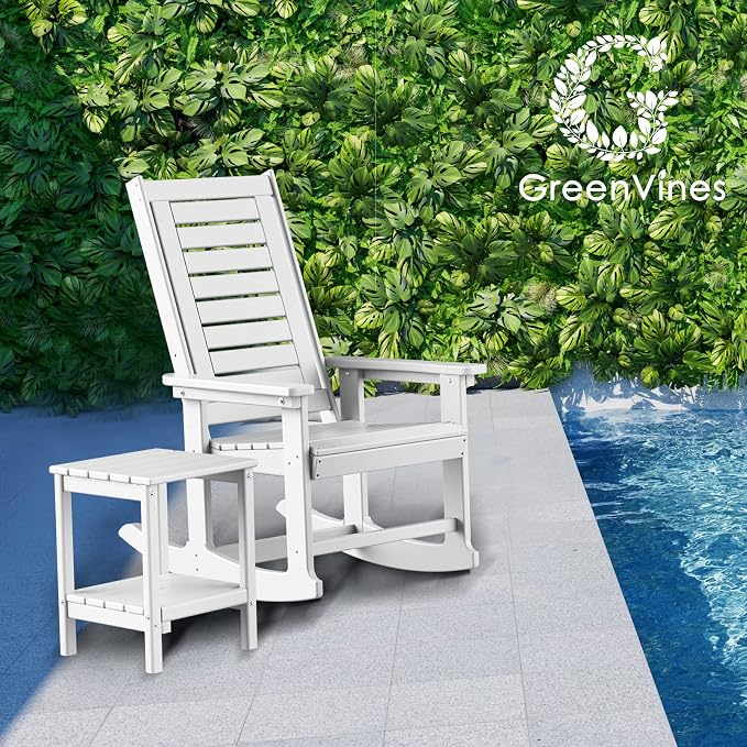 GREENVINES Outdoor Rocking Chair Set | 3-Piece | 2 Rocking Chairs with 1 Side Table | Porch Rocker | HDPE Plastic | White | Patio Furniture Sets | High Back | Big & Tall | Ladder Back - Image 2