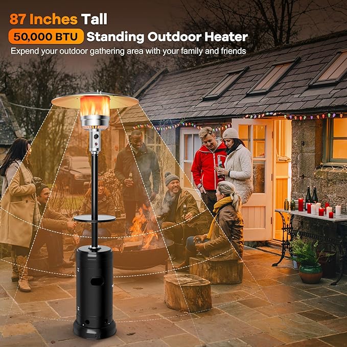 Giantex Outdoor Propane Heater, 50000 BTU Standing Gas Heater w/Shelf Tabletop & Wheels, Tip-Over Protection & Auto Shut Off, CSA Certified, Portable Patio Heater for Home & Commercial Use (Black)