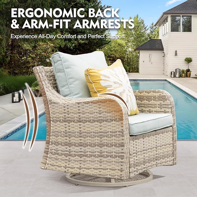 MEISSALIVVE 3 Pieces Patio Furniture Set with Swivel Chair, Outdoor Swivel Rocker with Washable Cushions & Tempered Glass Tabletop, Outdoor Rattan Conversation Set for Lawn Backyard Porch (Blue)