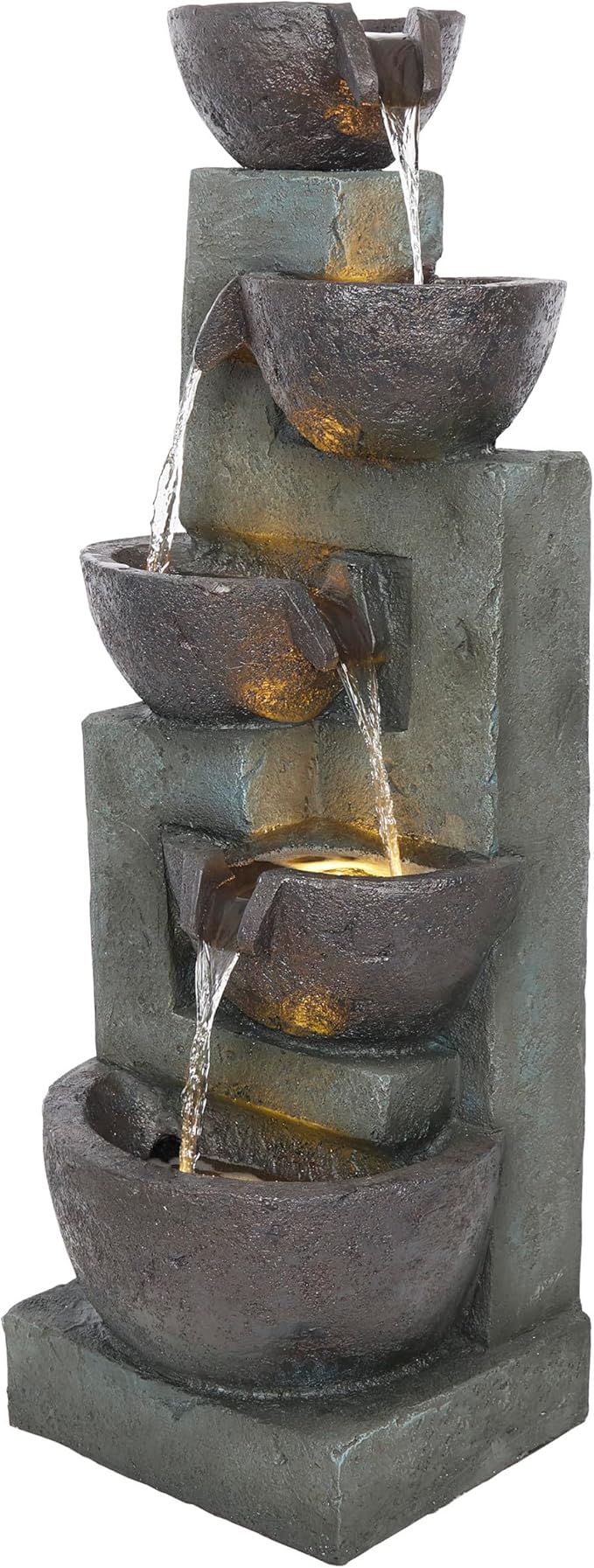 Alpine Corporation 39" Tall 5-Tier Bowls Waterfall Fountain with LED Lights, Elegant Outdoor Water Feature for Garden, Patio, Yard, Gray