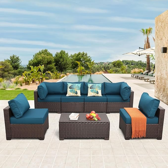 Patio Sectional Sofa Set 7 Pieces Outdoor Wicker Furniture Couch Patio Storage Table with Thicken(5") Non-Slip Cushions Furniture Cover, Peacock Blue