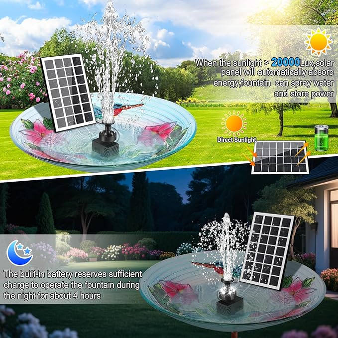 Solar Fountain Pump with Adjust Glass Panel, Upgrade 3.5W Solar Water Pump with Stake, 16.4ft Cable, 2000mAh Battery, White LED Lights, Solar Powered Fountain Kits for Bird Bath, Hummingbird