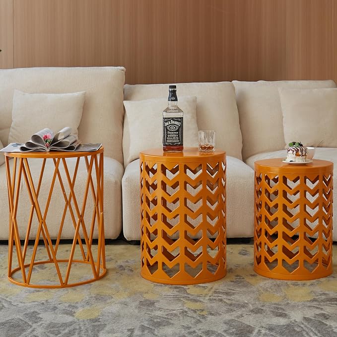 Y&M Set of 3 Metal Round Table, Coffee Table End Table for Indoor Outdoor Multifunctional Use, Heavy Duty Metal Plant Stand Decorative Garden Stool- Orange - Image 6