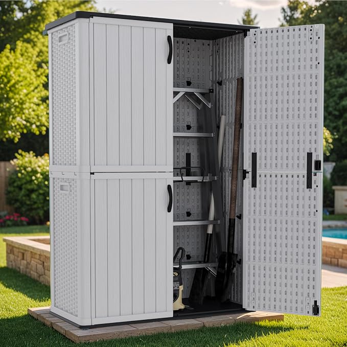Patiowell 50 cu.ft Plastic Outdoor Storage Shed, Lockable Waterproof Resin Storage Cabinet Vertical Storage Shed for Garden Tools, Garbage Cans, Pool Supplies, White(Not Include Shelves) - Image 6