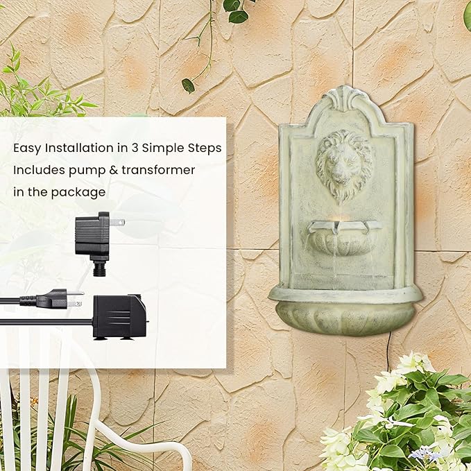 Lion Head Wall Hanging Fountain, 27.5" H Classic Outdoor Wall-Mounted Water Feature, Resin Antique Garden Wall Fountain with LED Light & Water Basin for Patio, Porch, Yard & Courtyard Décor