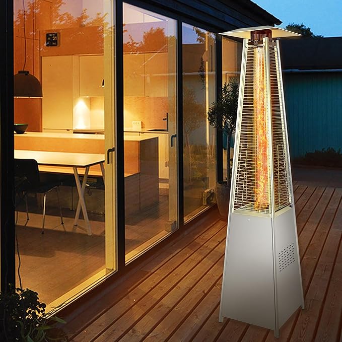 Pyramid Patio Heater, 48000 BTU Glass Tube Propane Patio Heater with Wheels and Cover, Outdoor Propane Heaters for Patio, Backyard, Garden, Porch, and Pool