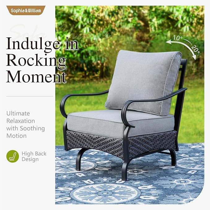 Sophia & William Extra Large Outdoor Patio Motion Sofa Chairs Set 2 PCS Heavy-Duty Metal Porch Furniture with High Back & Deep Seating Area, 5.5" Thicken Cushions for Deck, Lawn, Outside (Grey)