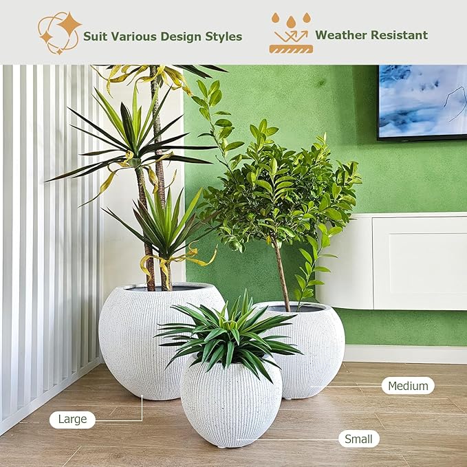 12.8"H x 16"D Premium Ribbed Globo Fiberstone Round Planter with Drainage Hole, Weather Resistant for Indoor and Outdoor Use, Included 2 Extra Coco Mats (Speckled White, 10.7" Pot Opening)