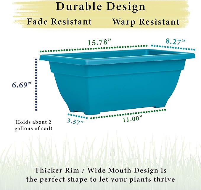 Rectangle Planter Box, 16 Inch Indoor/Outdoor Rectangular Planter, Durable UV Resistant, 2 Gallon Plastic Window Box Trough, Use for Herbs, Succulents, Vegetables (Blue | 4 Pack)