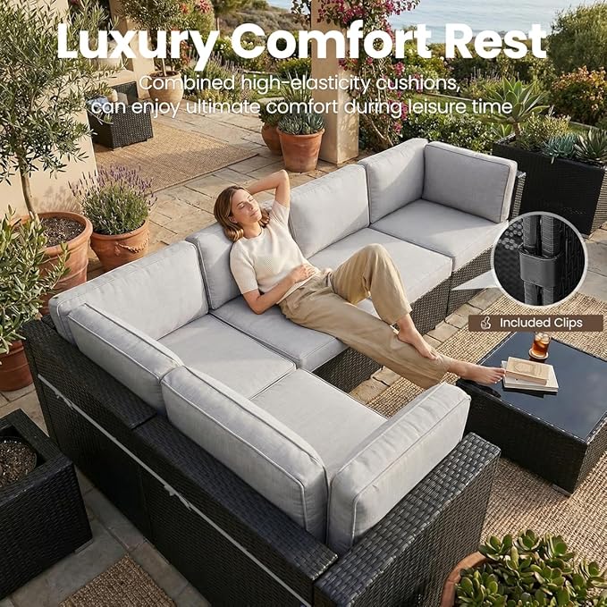 15 Pieces Patio Furniture Set with 44" Propane Gas Fire Pit Table, Outdoor Sectional Wicker Conversation Sofa Sets with Coffee Table