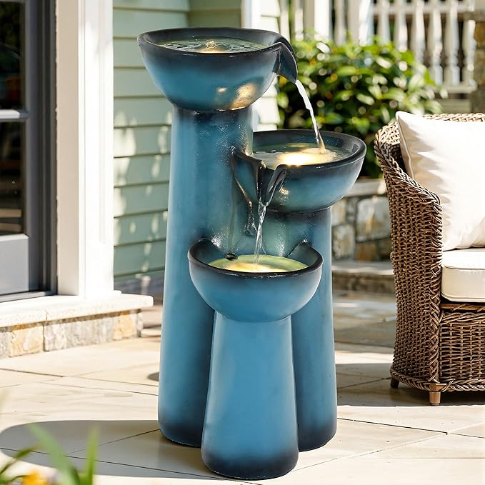 27" Outdoor Water Fountain with LED Lights, 3-Tier Cascading Faux Ceramic Column Water Feature with Pump for Garden Patio Backyard, Weather-Resistant Resin Waterfall for Serene Oasis, Blue