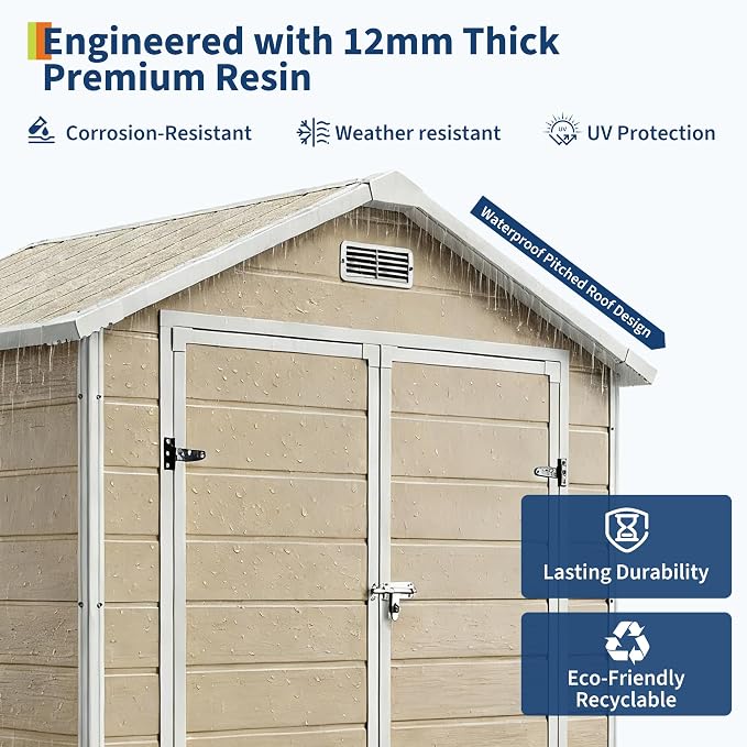 Resin Outdoor Storage Sheds 4x6 ft, Upgraded Double-Wall Outdoor Plastic Shed with Window & Double Doors, Waterproof Lockable Garden Shed (Light Brown, 6 X 4 ft) - Image 5
