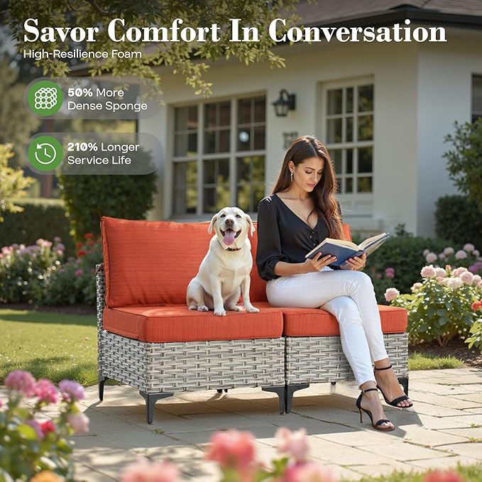 8 Pcs Patio Furniture with Fire Pit Table, Outdoor Rattan Wicker Conversation Set with Glowing Coffee Table, Comfy Sectional Sofa for Porch Balcony Backyard Pool, Orange