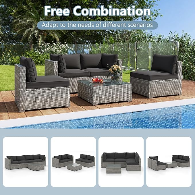 Tangkula 5-Piece Outdoor Patio Sectional Sofa Couch, PE Rattan Conversation Set w/Glass Coffee Table & Cushions, Outdoor Furniture Set w/Sturdy Metal Frame for Garden Poolside Backyard