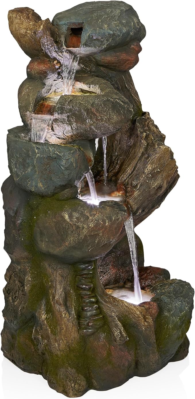Alpine Corporation WIN1546 Outdoor Floor Rock/Tree Trunk Fountain w/LED Lights, Cascading Garden Water Fountain, 39" H, Gray