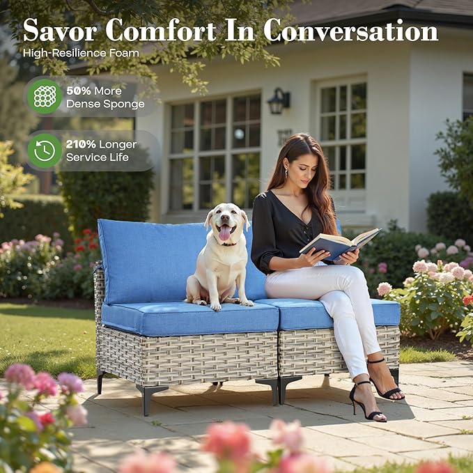 10 Piece Outdoor Patio Furniture with Swivel Rocking Chair, Rattan Wicker Conversation Set with Glowing Coffee Table, Sectional Single Chairs for Porch Balcony Backyard Pool,Light Blue