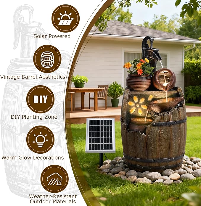 Solar Water Fountain Outdoor Rustic Pump and Barrel, 29" H Cascading Solar Powered Waterfall Fountains Outside Feature with LED Lights for Garden, Patio, Porch, Backyard Decor