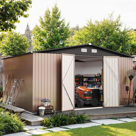 12x14FT Outdoor Storage Shed, Metal Garden Tool Shed with Sloping Roof & Lockable Door for Patio Lawn Backyard (Brown, 12x14FT) by Breezestival