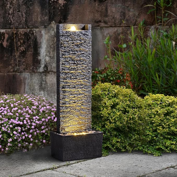 Water Fountain Outdoor, Floor Standing LED Illuminated Water Flow Elegant Water Fountain Pump 38.5" with Pebble Base for Garden, Patio and Yard (24372)