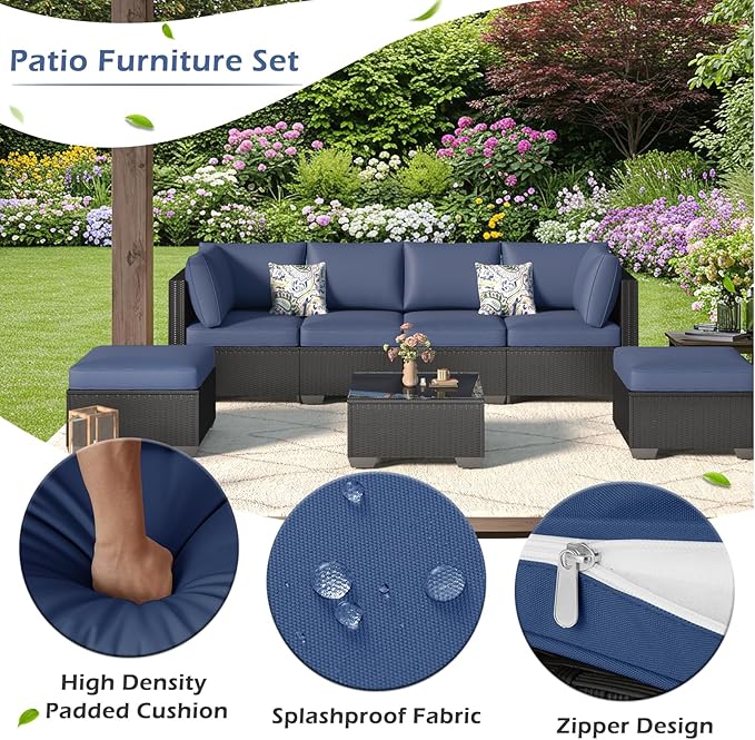 U-MAX 7 Piece Outdoor Patio Furniture Set with Extra 43 Inch Fire Pit Table, PE Rattan Wicker Sofa Set, Outdoor Sectional Furniture Chair Set with Tea Table, Black Rattan&Dark Blue Cushion