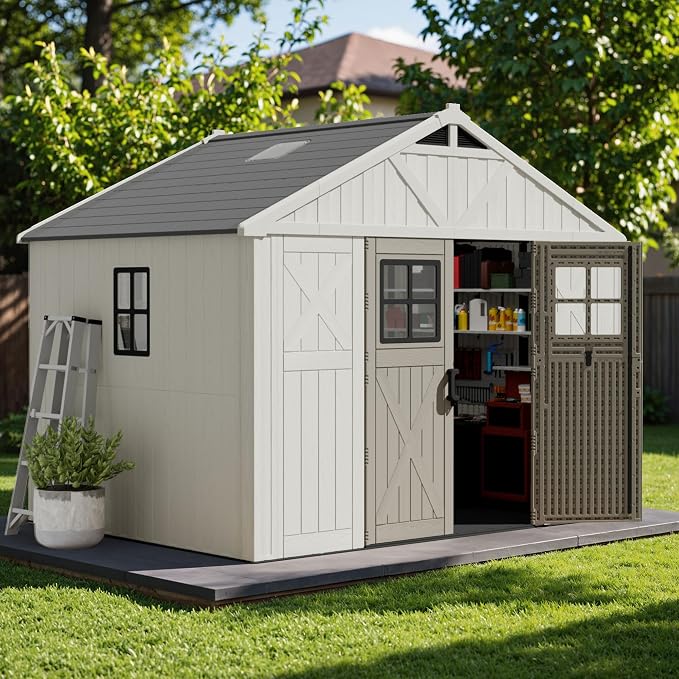Devoko 10x8 FT Resin Outdoor Storage Shed with Floor, Plastic Tool Garden Shed with Windows & Lockable Door, Outside Large Storage Shed for Patio Backyard Lawn, Beige by DEVOKO