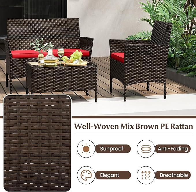 KOTEK 8 Piece Patio Furniture Set, Outdoor Rattan Conversation Set with Loveseat, Wicker Chairs, Tempered Glass Coffee Table, Wicker Patio Set for Backyard, Porch (Red)