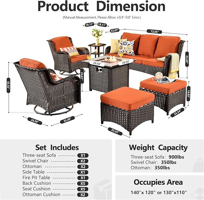 HOOOWOOO Patio Furniture Set,7 Piece Outdoor Furniture Set with Fire Pit Table,Wicker Patio Conversation Couch Swivel Chairs Ottoman Set,Orange Red