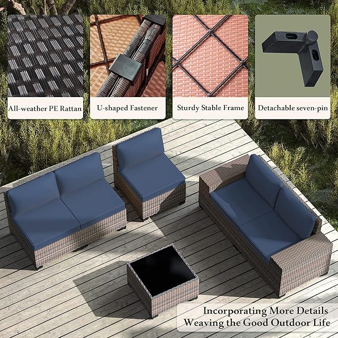 6 PCS Outdoor Patio Furniture Set,Outdoor Sectional Furniture All Weather PE Rattan Wicker Patio Conversation Set with Coffee Table and 5 Thickened Cushions,Navy Blue