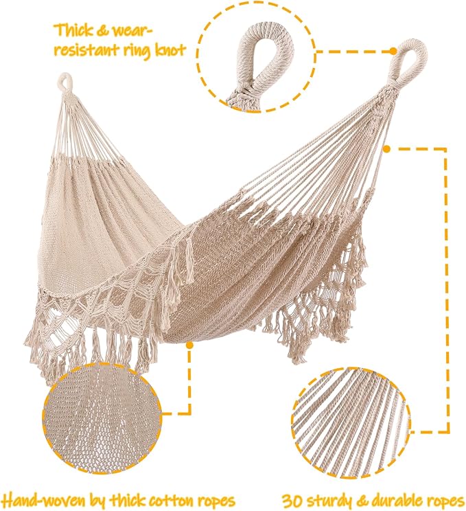 ZEAN Handwoven Hammock with Tassels by Thick Cotton Rope XL Two Person Hammock for Outside Patio Backyard Garden Beach 550LB Capacity - Image 5