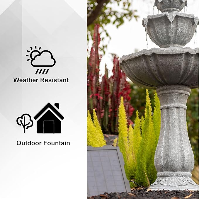 XBrand 36.2" Solar Powered 2-Tier Outdoor Water Fountain, Resin Fountain with Solar Panel Pump, Gray