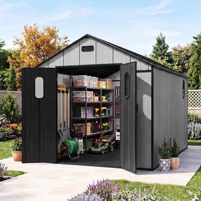 Domi 8x12Ft Resin Outdoor Storage Shed with Floor, Plastic Garden Storage Shed, Outside Weatherproof Storage Building for Tools, Bike, Lawn Mower, Patio, Backyard by domioutdoorliving