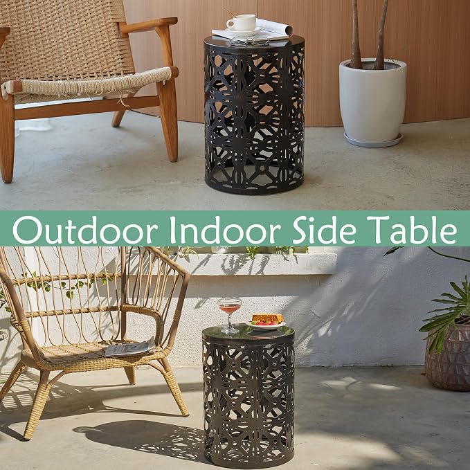 Y&M Set of 3 End Tables, Nesting Metal Round Coffee Table, Heavy Duty Metal Plant Stand Garden Stool, Outdoor Multifunctional Use Black with Bronze (Ship from US) - Image 7