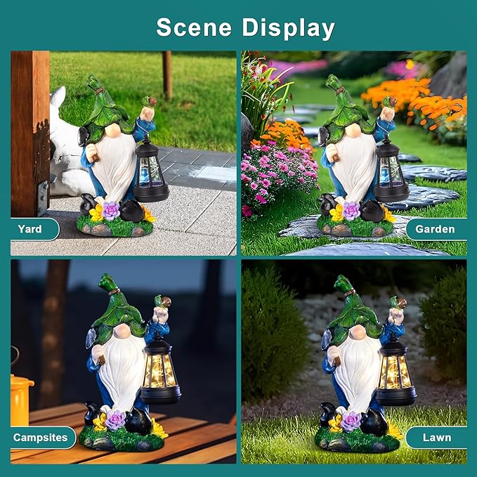 Solar Garden Gnome Statue – St Patrick’s Day Outdoor Decorations Funny Leprechaun Figurine with LED Lantern Waterproof Resin Leaf Hat Dwarf Sculpture for Patio Lawn Yard Art and Housewarming Gift