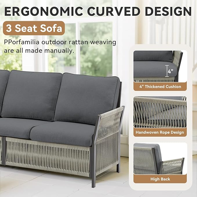 3 Piece Wicker Outdoor Couch, All Weather Rattan 3 Seater Wicker Outdoor Sofa with Ottomans, High Back Deep Seating Patio Conversation Set for Garden Deck Porch (Grey)