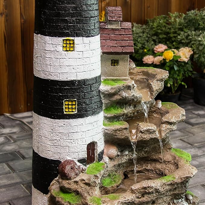 YZM 38.58" H Lighthouse Floor Waterfall Fountain with LED Lights 3-Tiered Rock Water Fountain Outdoor Garden for Patio Backyard Home Decor