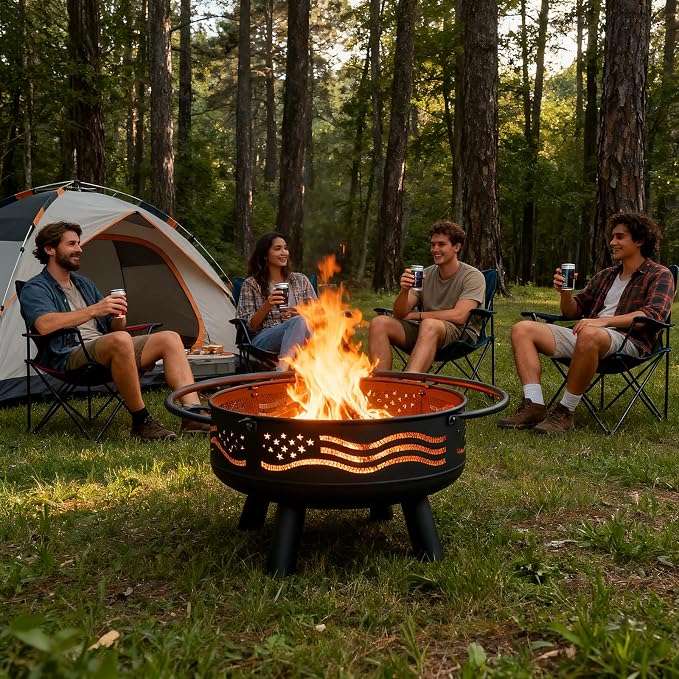Breezz 32 Inch American Flag Fire Pit with Mesh Cover & Poker, Round Metal Wood Burning Outdoor Firepit for Patio, Garden, Backyard, Bonfire, Ideal for 4th of July, Memorial Day, Christmas - Image 4
