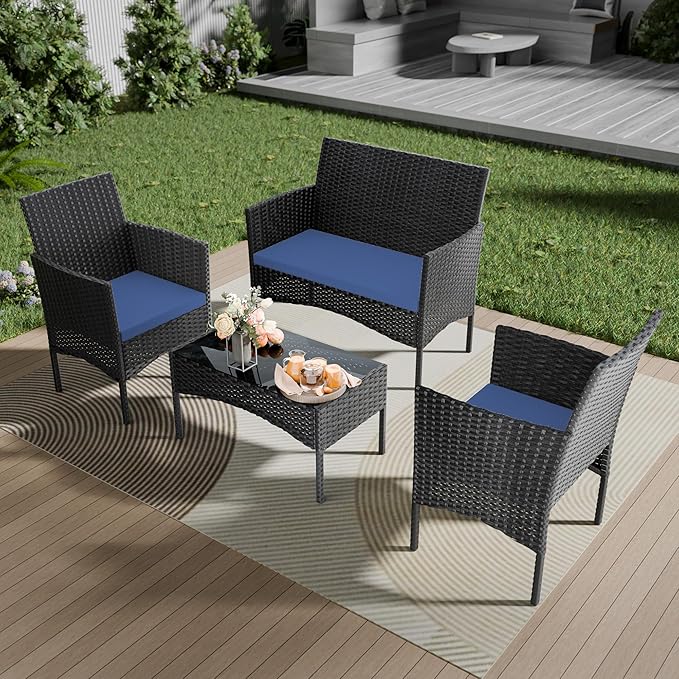 4 Pieces Patio Furniture Set Outdoor Conversation Set Rattan Furniture Set Wicker Chairs and Sofa with Glass Table for Porch Pool Backyard Garden,Navy Blue