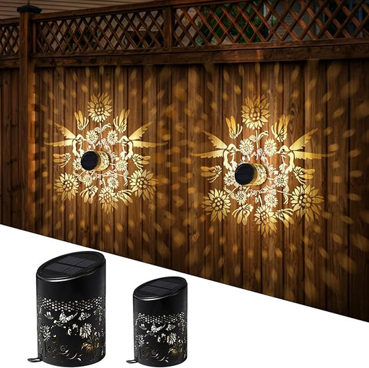 Solar Outdoor Fence Lights Decoration 2 Pack, Solar Wall Step Deck Lights Outdoor Garden Decor with Hummingbird Sunflower Theme for Yard Art Porch Patio Backyard Decor, Gifts for Mom Women