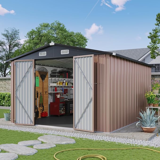 Aoxun 10x12 Shed with Brown Floor Galvanized Steel Outdoor Storage Shed Metal Garden Shed with Moisture-Proof Floor & Ventilation, Sloped Roof for Bike/Generator/Tool Storage (Brown with Floor) - Image 4