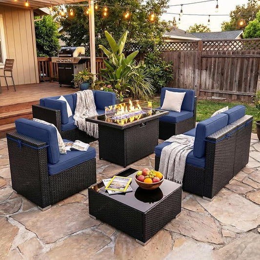 8 Pieces Patio Furniture Set with 44" Propane Gas Fire Pit Table, Outdoor Sectional Wicker Conversation Sofa Sets with Coffee Table