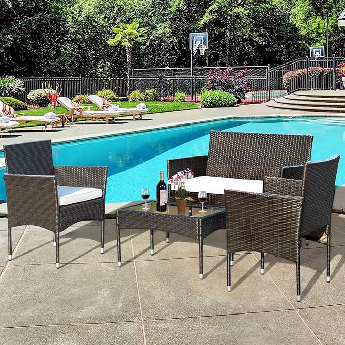Tangkula 4 PCS Patio Outdoor Conversation Set with Glass Coffee Table, Loveseat & 2 Cushioned Chairs, Garden Lawn Rattan Wicker Patio Chat Set, Outdoor Furniture Set (Brown)